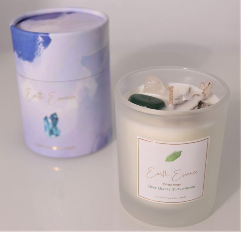 Crystal Soy Wax Candle - White Sage Clear Quartz and Aventurine
