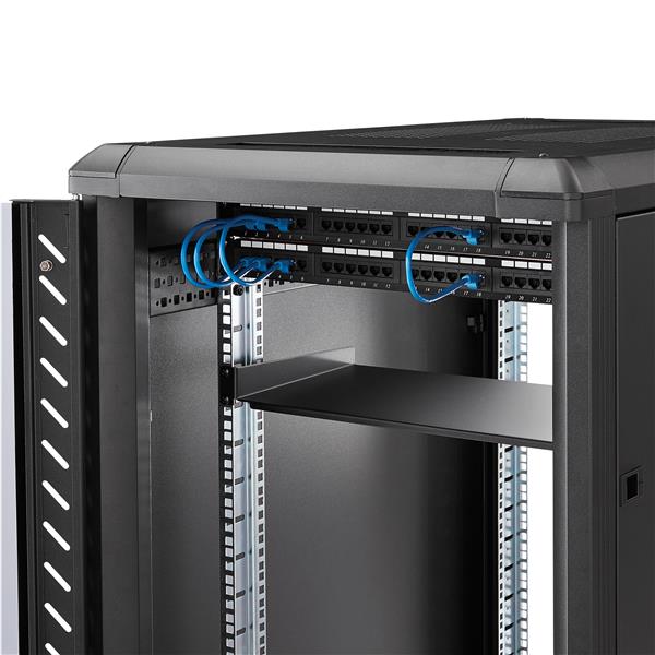 1U Vented Rack Shelf, 25 cm deep, heavy-duty steel, 44 lb capacity for 19-inch server racks, promotes airflow and organization.