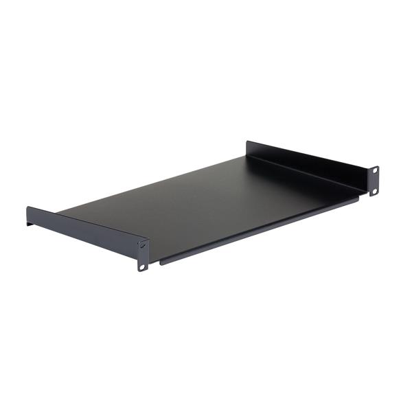 1U Vented Rack Shelf, 25 cm deep, heavy-duty steel, 44 lb capacity, designed for 19-inch server racks with airflow promotion.