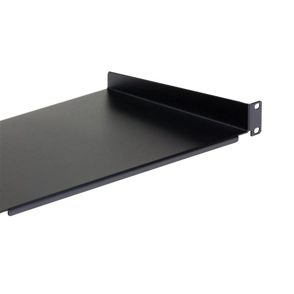 1U Vented Rack Shelf for 19-inch server racks, heavy-duty steel, 25 cm deep, 44 lb capacity, promotes airflow for cooling.
