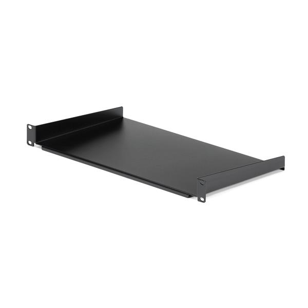 1U vented rack shelf, 25 cm deep, heavy-duty steel, 44 lb capacity for efficient server equipment storage.