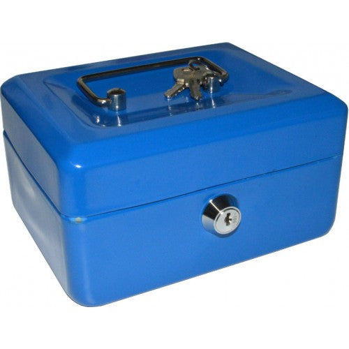 Compact blue cash box with lock and coin tray, ideal for secure storage in homes, schools, and small businesses.