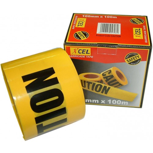 Bright yellow caution tape, 100mm wide and 100m long, ideal for marking hazards and enhancing safety in various environments.