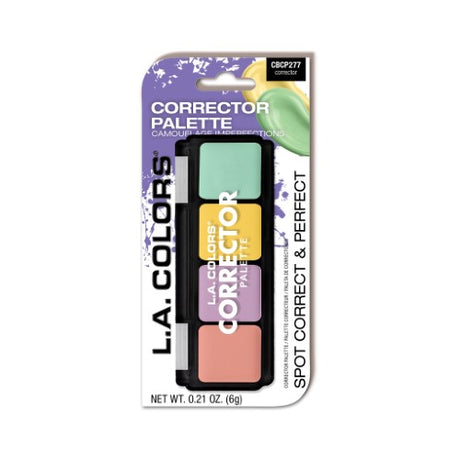 LA Colors Corrector Palette featuring four shades: green, yellow, purple, and peach for flawless skin correction.