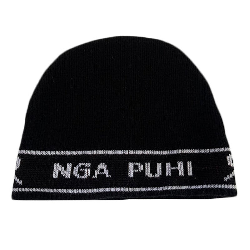 Handcrafted Maori Ng?puhi beanie in black and white wool blend, offers warmth and cultural heritage for all occasions.