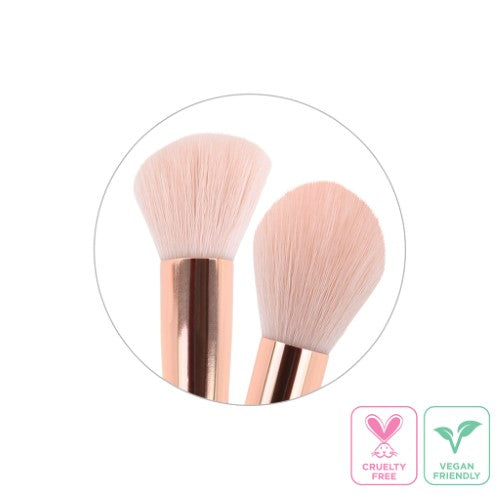 LA Colors Multi-Use Face Brush with dual ends for baking, blending, and contouring; stylish black and rose gold design.