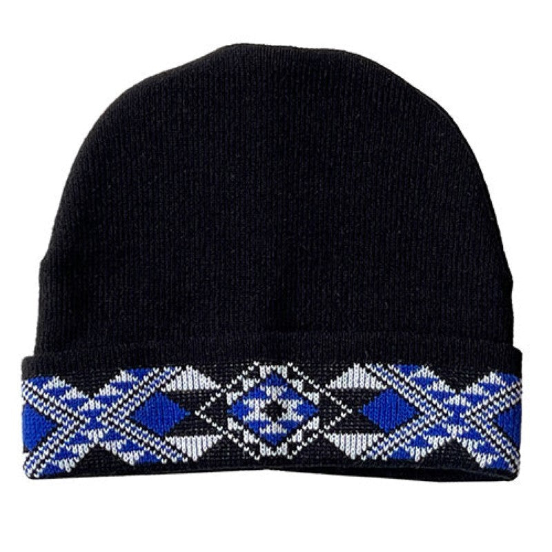 Royal Blue Taniko Beanie made from New Zealand wool, blending black, blue, and white for warmth and style in winter.