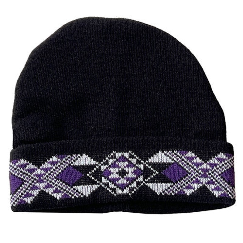 Stylish black and purple taniko beanie made from premium wool, perfect for warmth and fashion in chilly seasons.