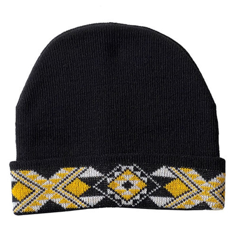 Stylish black, blue, and white beanie with a vibrant yellow Taniko design, handcrafted in New Zealand for warmth and comfort.