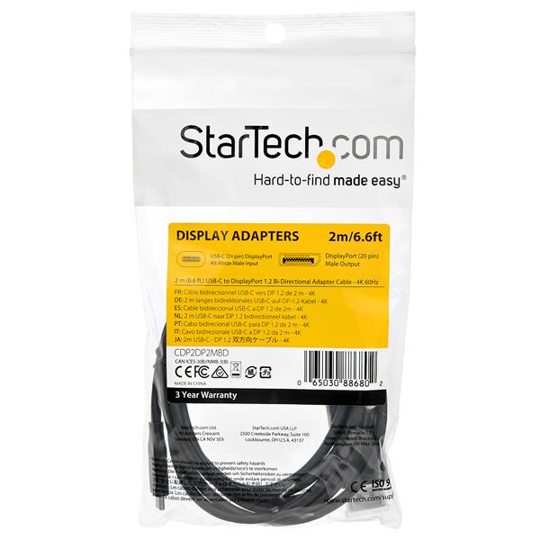 2 m (6.6’) USB C to DisplayPort 1.2 Cable - Bidirectional - 4K