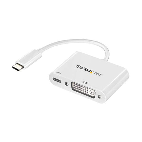USB-C to DVI adapter in white, supporting 1920x1200 resolution and USB Power Delivery for charging and display.