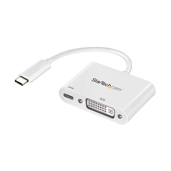 USB-C to DVI adapter in white, supporting 1920x1200 resolution and USB Power Delivery for charging and display.