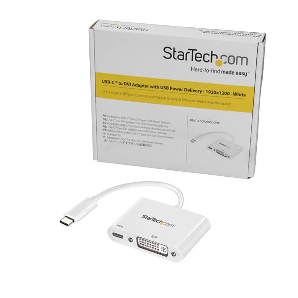 USB-C to DVI adapter in white, supports 1920x1200 resolution with power delivery for charging and display simultaneously.