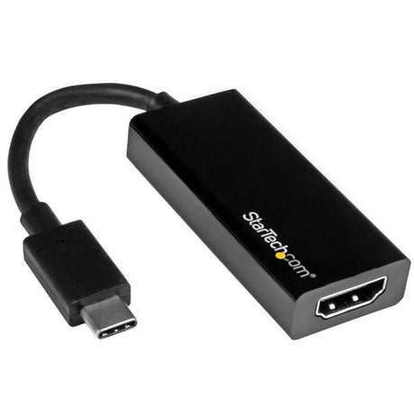 USB-C to HDMI adapter in black, enables 4K 30Hz Ultra HD video output for MacBook, Chromebook, and iPad Pro.