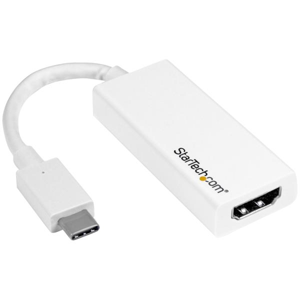 High-performance USB-C to HDMI adapter in white, outputs 4K video and audio, compatible with Thunderbolt 3 devices.