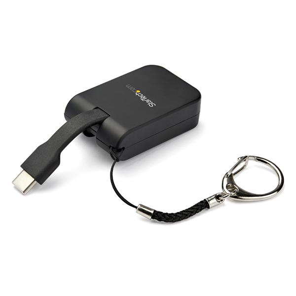 Portable USB C to VGA adapter with keychain; 1080p resolution for travel-friendly connectivity between devices and displays.