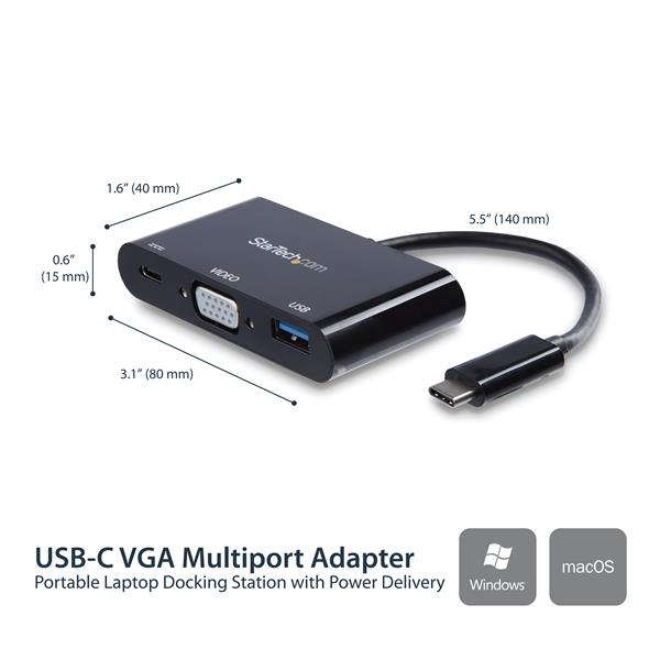 USB-C to VGA adapter with Power Delivery and USB-A port for dual displays and device charging, perfect for productivity on-the-go.