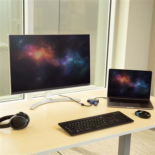 USB-C to VGA adapter with USB-A port for dual display, charging, and universal compatibility, ideal for workspace expansion.