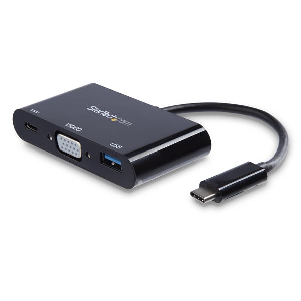 USB-C to VGA adapter with Power Delivery, USB-A port for dual display and device connection, compact and portable design.