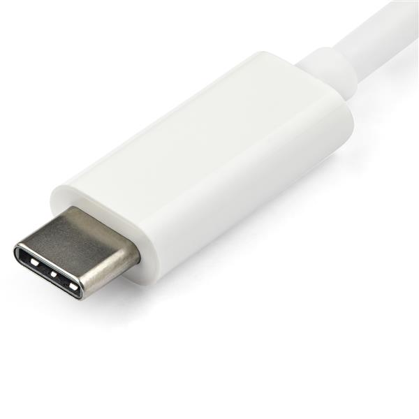 USB-C to VGA adapter in white, enabling 1080p video output for Windows and Mac devices, ideal for travel and presentations.