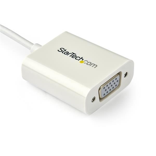USB-C to VGA adapter in white, enabling 1080p video output with a reversible connector for easy plug-and-play use.