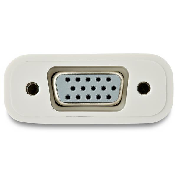 USB-C to VGA adapter in white, offering 1080p video output, compatible with Windows, Mac, and Thunderbolt 3 devices.