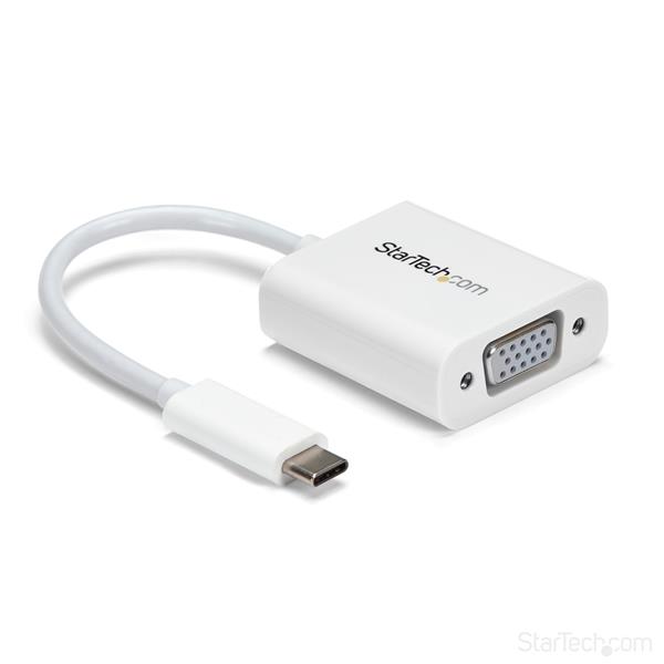 USB-C to VGA adapter in white, connects USB-C devices to VGA displays, supporting 1080p resolution, compact for travel.