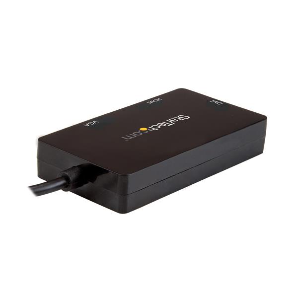 3-in-1 USB-C multiport adapter connecting laptops to HDMI, DVI, and VGA displays for seamless presentations and travel.