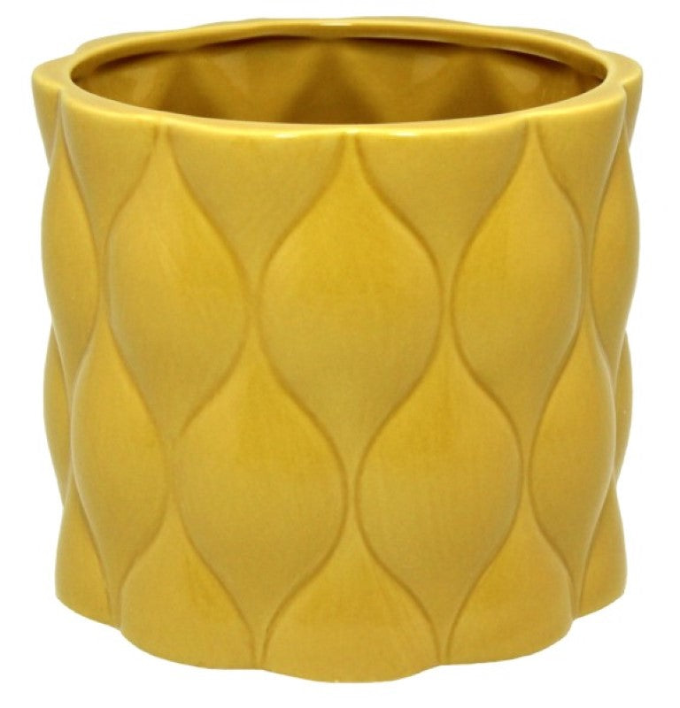 Vase / Planter - Round Ceramic Pot with Diamond Pattern in Mustard
