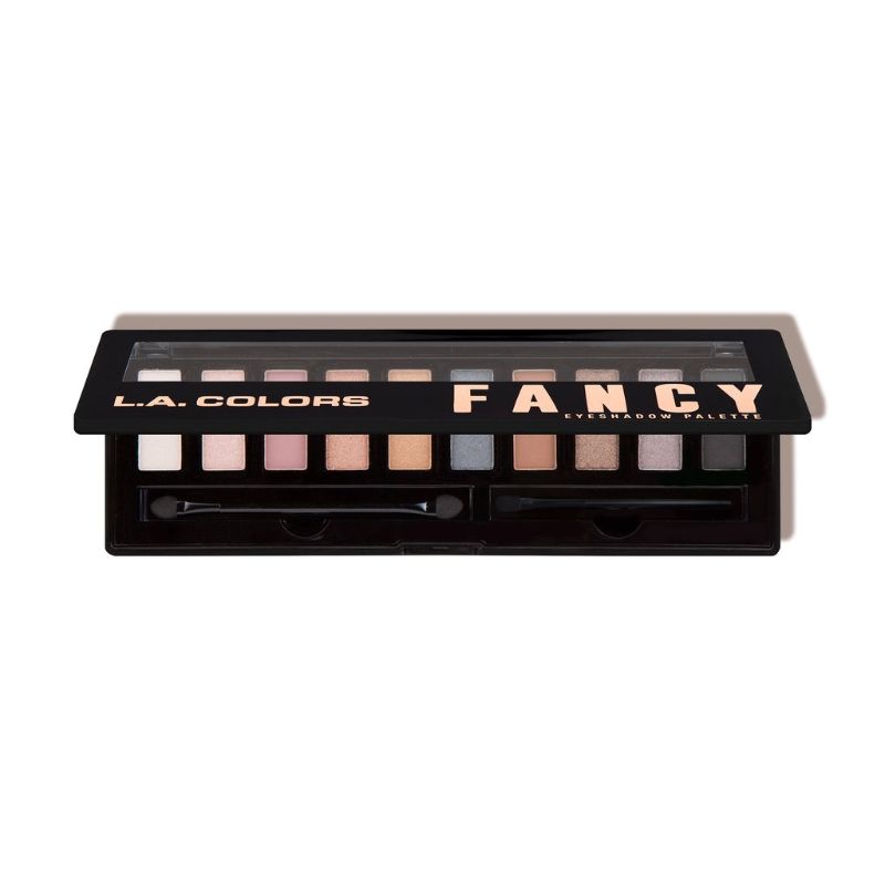 LA Colors Fancy Eyeshadow Palette with 10 vibrant shades, inclusive brush, mirror, and dual-ended applicator for versatile looks.