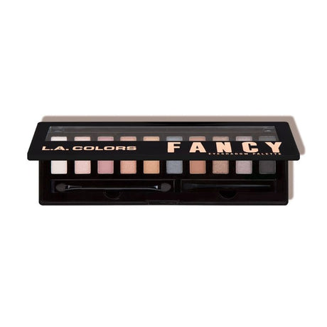 LA Colors Fancy Eyeshadow Palette with 10 vibrant shades, inclusive brush, mirror, and dual-ended applicator for versatile looks.