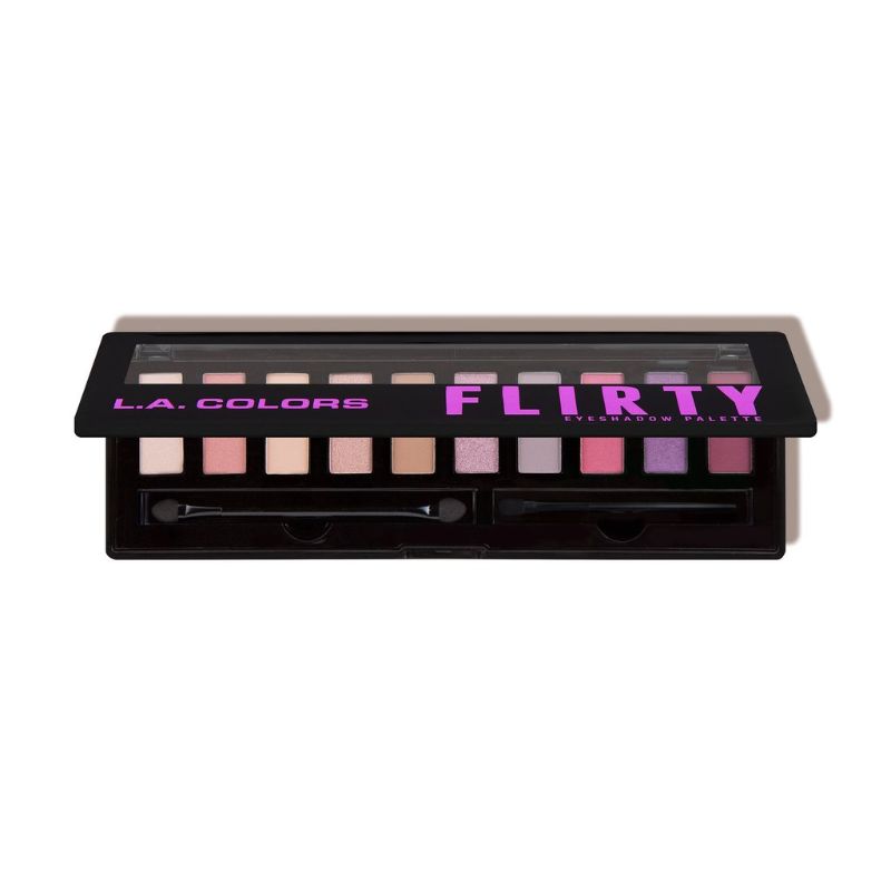 Vibrant LA Colors Flirty Eyeshadow Palette with 10 coordinated shades, brush, mirror, and applicator for versatile looks.