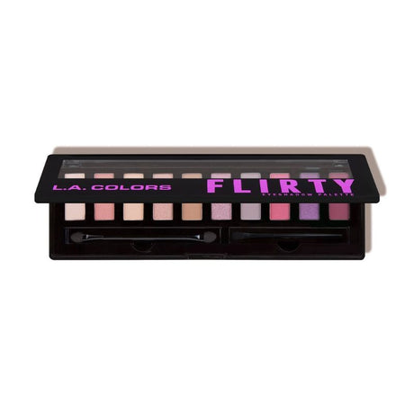 Vibrant LA Colors Flirty Eyeshadow Palette with 10 coordinated shades, brush, mirror, and applicator for versatile looks.