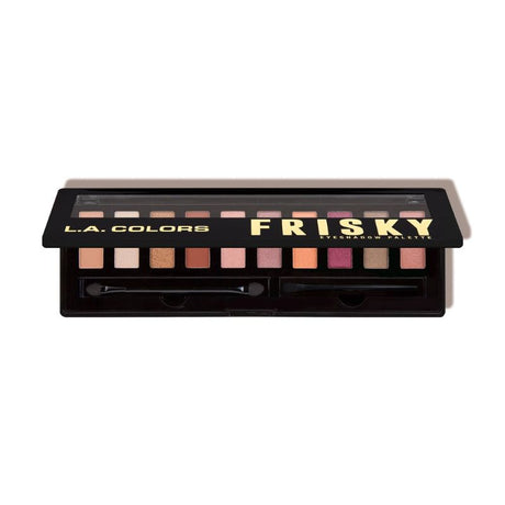 LA Colors Frisky Eyeshadow Palette with 10 vibrant shades, brush, mirror, and applicator for versatile makeup looks.