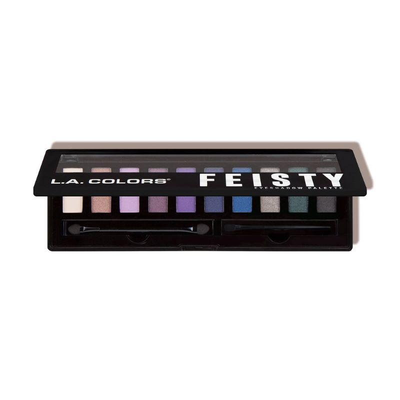 LA Colors Feisty Eyeshadow Palette featuring 10 bold shades for vibrant, playful eye looks, includes brush and mirror.