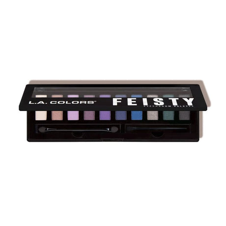 LA Colors Feisty Eyeshadow Palette featuring 10 bold shades for vibrant, playful eye looks, includes brush and mirror.