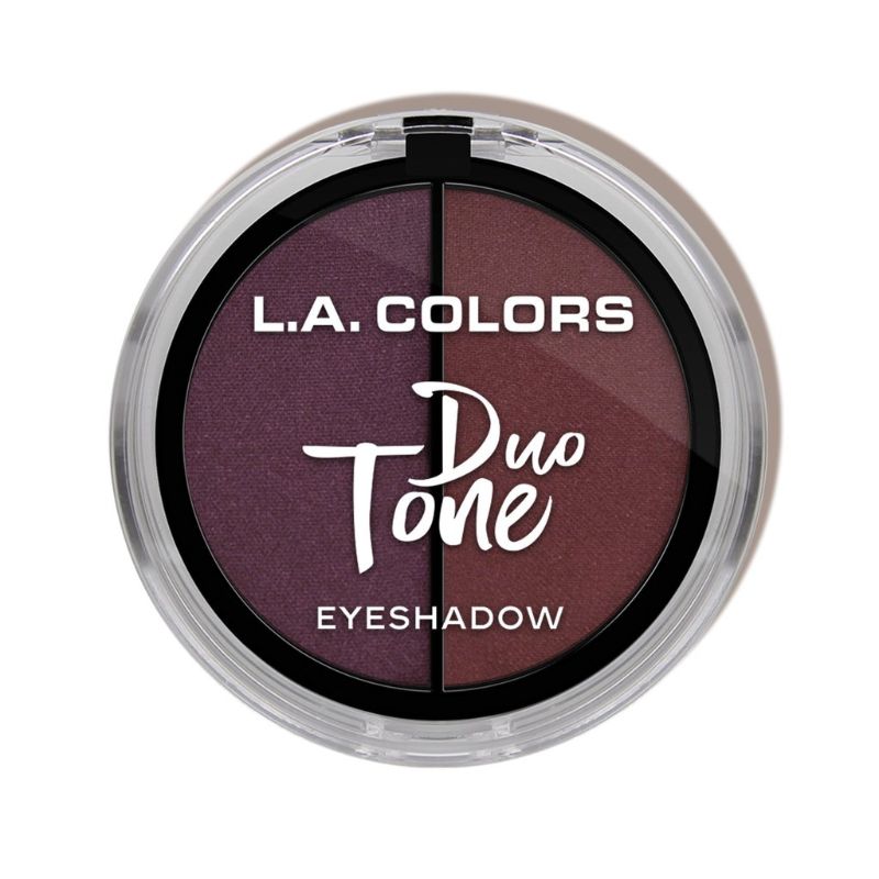LA Colors Duo Tone Eyeshadow palette in Merlot featuring 16 rich shades for versatile eye looks, includes mirror and applicator.