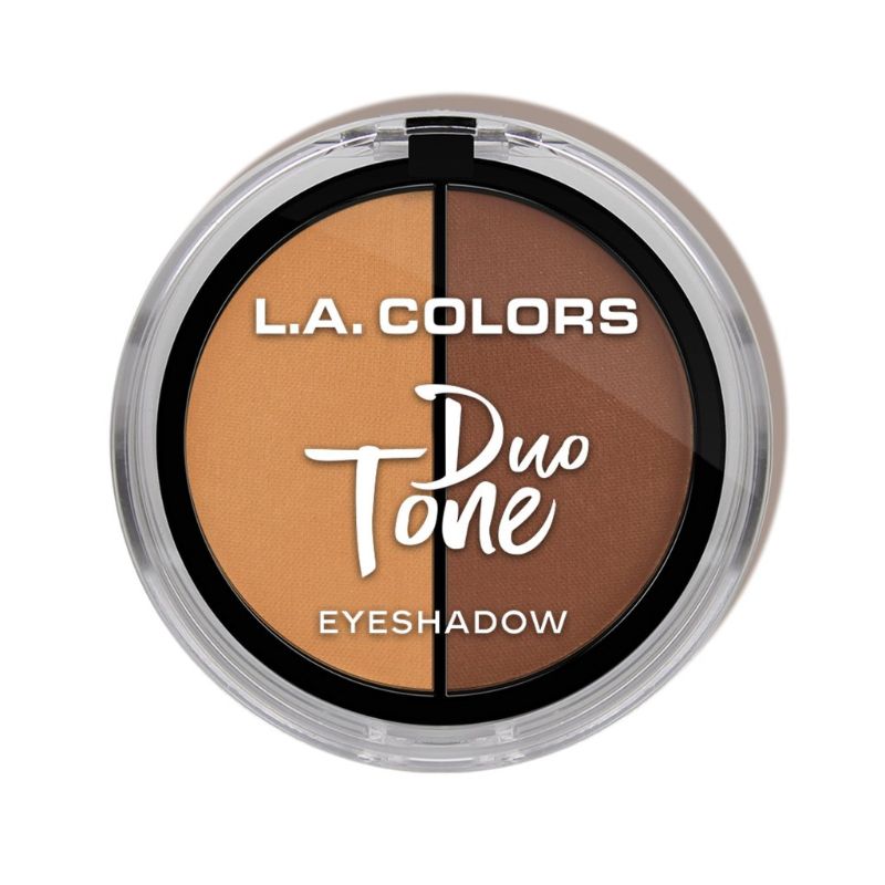 LA Colors Duo Tone Eyeshadow palette with 16 shades, including mattes and shimmers, mirror, and applicator for versatile looks.