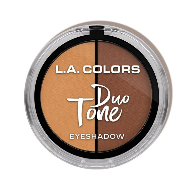 LA Colors Duo Tone Eyeshadow palette with 16 shades, including mattes and shimmers, mirror, and applicator for versatile looks.