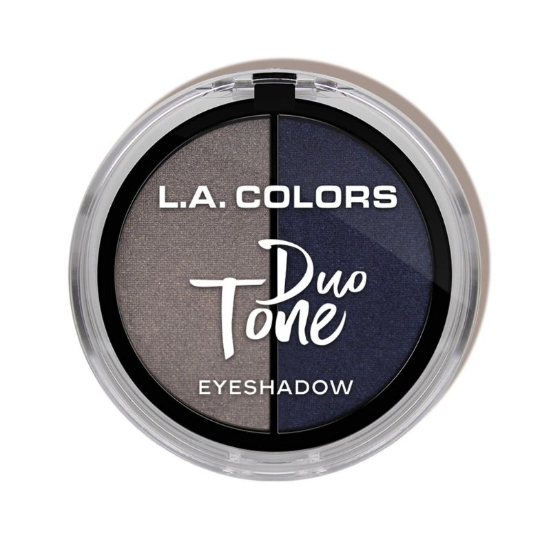 LA Colors Duo Tone Eyeshadow palette featuring 16 shades for versatile eye looks, includes mirror and dual-ended applicator.