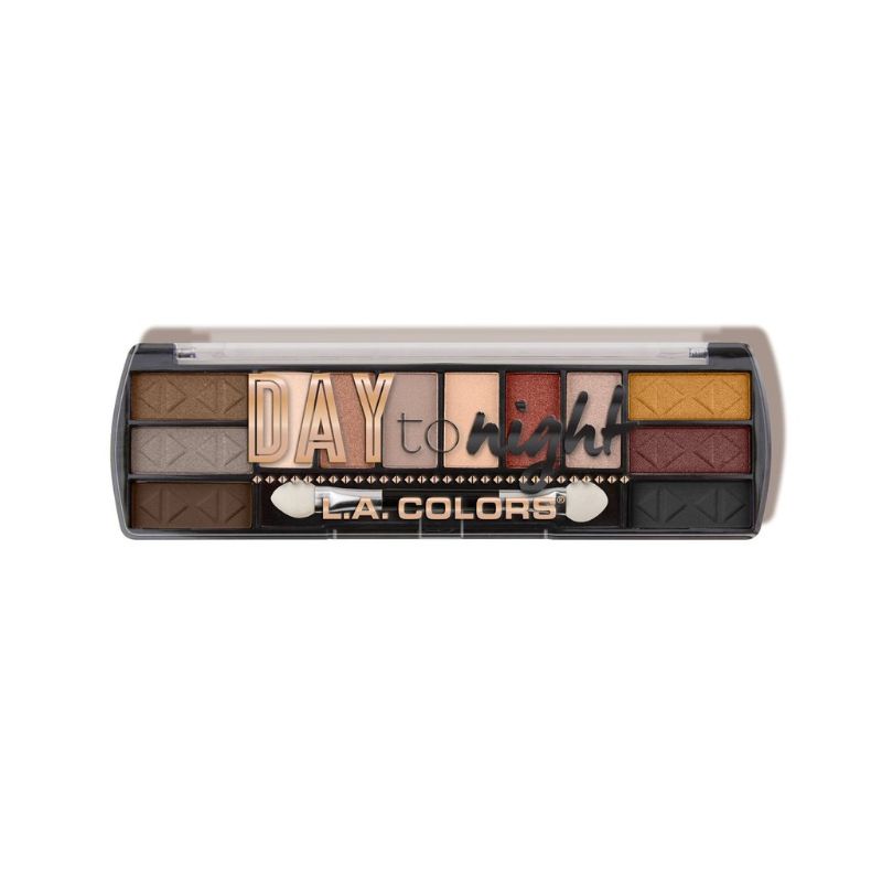 LA Colors Day to Night Sundown palette featuring 12 versatile, highly pigmented eyeshadows for day and night looks.