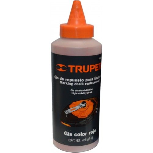 Truper 8oz red chalk line refill for precise marking, featuring high visibility and easy refill dispenser.