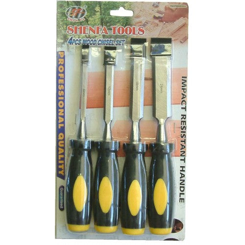 4-piece chisel set with high carbon steel blades and ergonomic plastic handles for precision woodworking.
