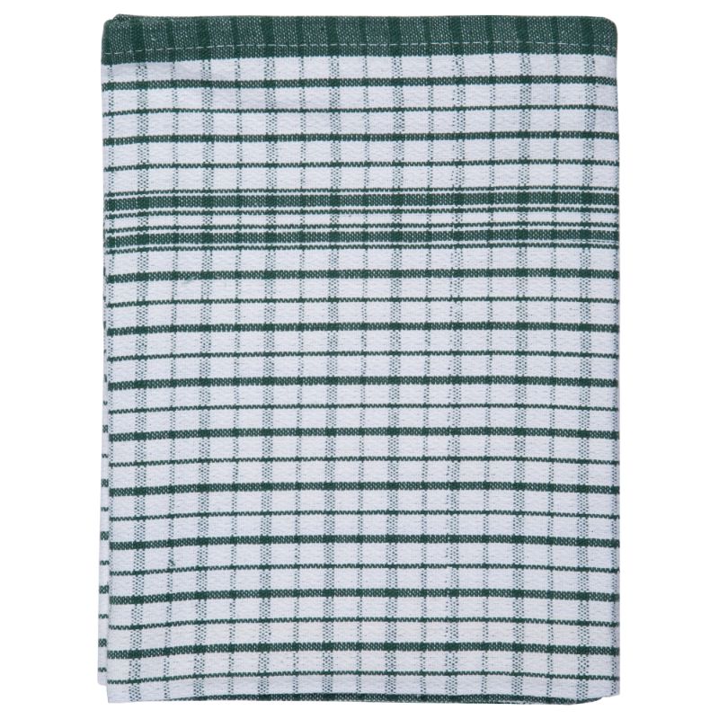 Green cotton tea towel with elegant dobby weave, perfect for drying dishes and adding rustic charm to kitchens.