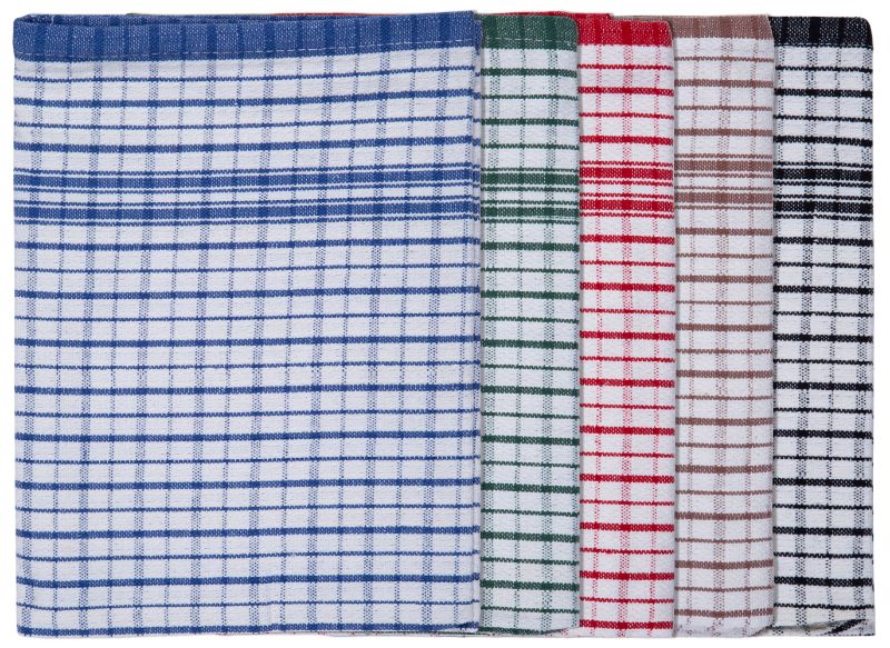 Red cotton tea towel with dobby weave, 100% absorbent, perfect for drying dishes and enhancing kitchen decor.