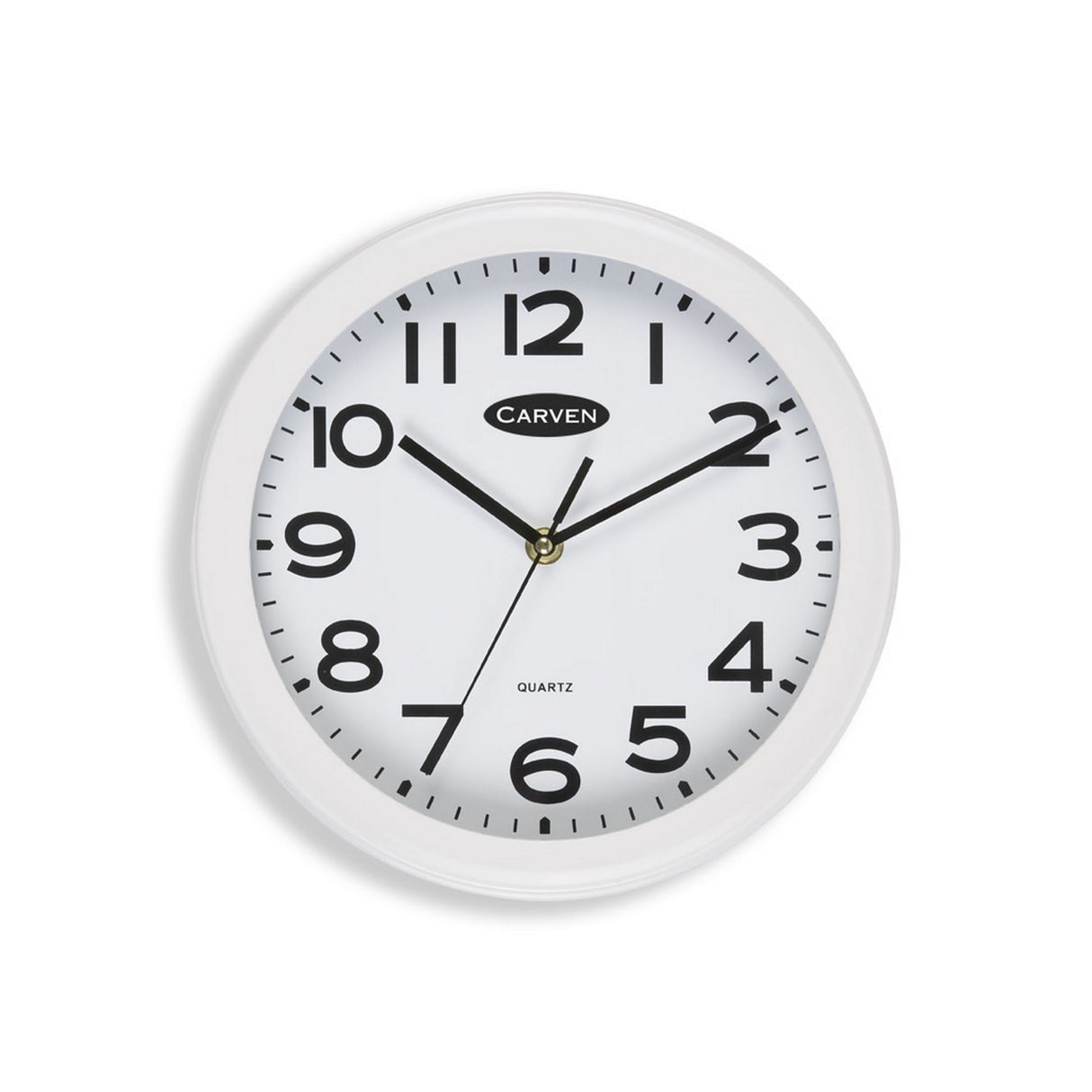 Elegant 250mm white analogue wall clock with clear numbers, perfect for home or office decor.