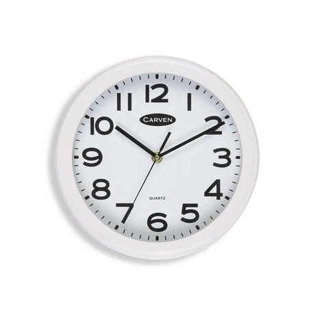 Elegant 250mm white analogue wall clock with clear numbers, perfect for home or office decor.