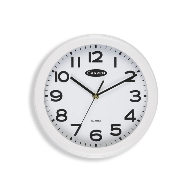 Elegant 250mm white analogue wall clock with clear numbers, perfect for home or office decor.