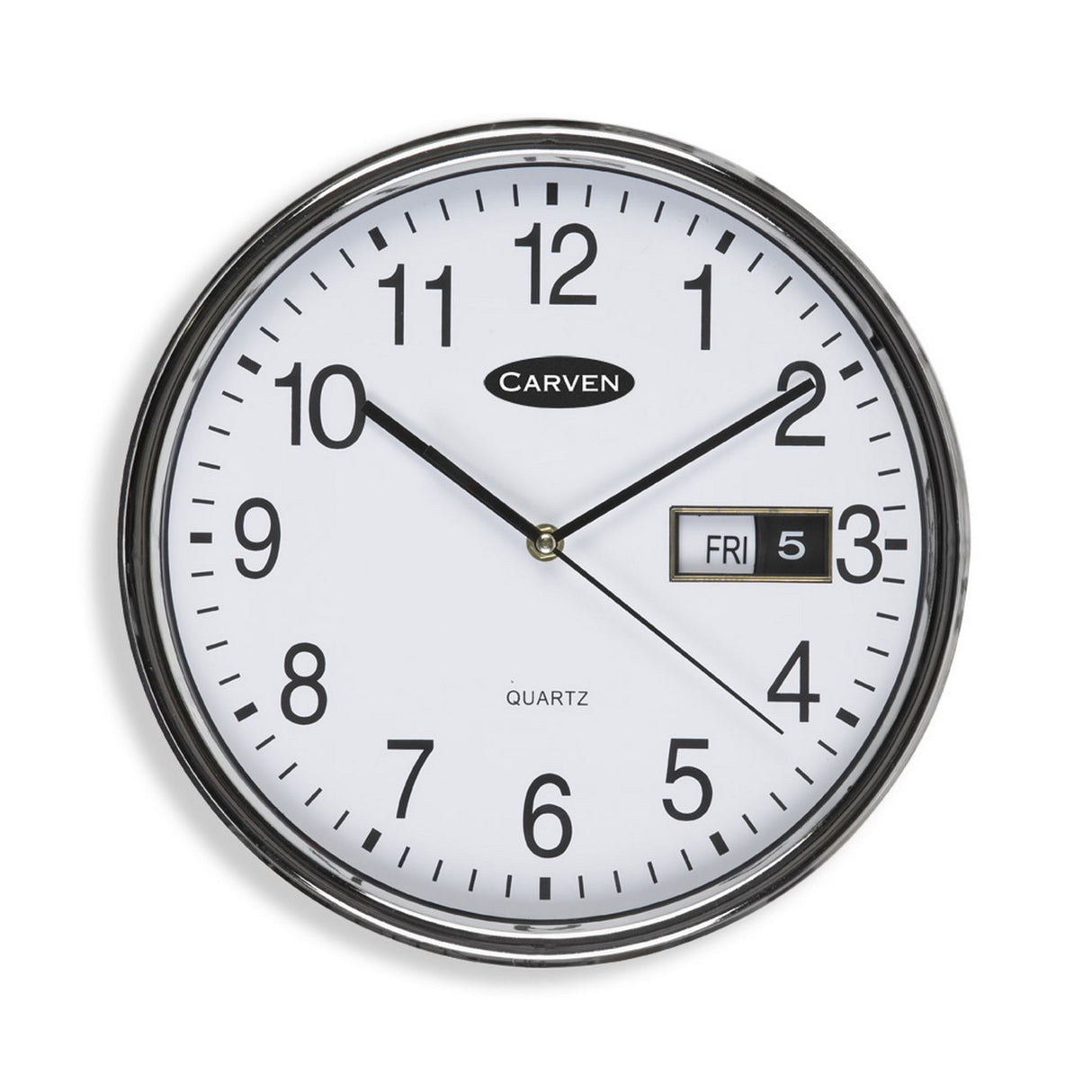 Carven 285mm white wall clock with day and date, featuring large numbers and a sleek silver frame.