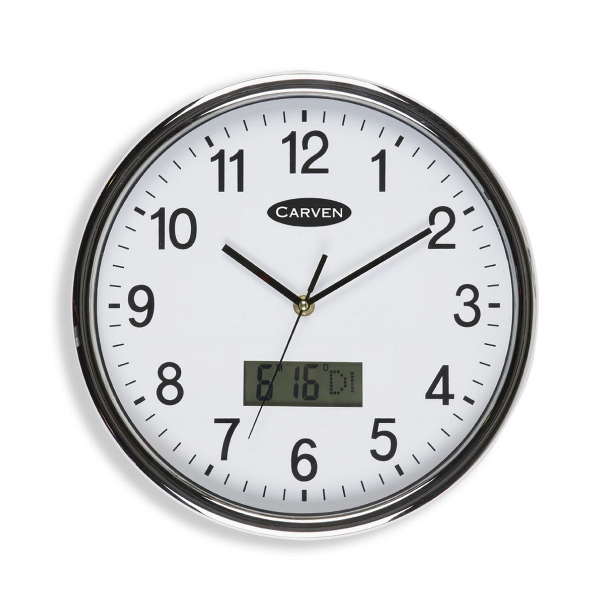 White round wall clock with silver frame, LCD date, large numbers, 285mm, stylish for home or office decor.